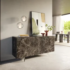 Actieprijs Dressoir Cuor 150 cm Keramiek Emperador Extra Lucidato Donkerbruin 3 Deuren Zwevende voet look Acrylglas