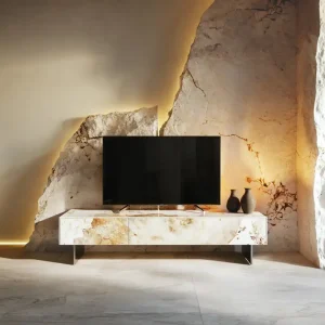 Betaalbaar Tv-meubel Cuor 150 cm Keramiek Minas Melange Wit-beige 1 Flap 1 Lade Zwevende voet look Roestvrij staal