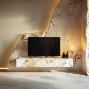 Direct Verzonden Tv-meubel Cuor 150 cm Keramiek Minas Melange Wit-beige 1 Flap 1 Lade Zwevend