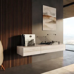 Betaalbaar Tv-meubel Cuor 150 cm Keramiek Laminam® Travertino Bianco Crème-wit 1 Flap 1 Lade Zwevend