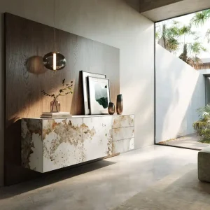 Aanbieding Dressoir Cuor 180 cm Keramiek Minas Melange Wit-beige 2 Deuren 3 Laden Zwevend