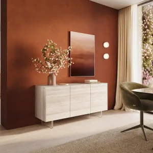 Bestseller Dressoir Cuor 150 cm Keramiek Laminam® Travertino Bianco Crème-wit 3 Deuren Zwevende voet look Acrylglas