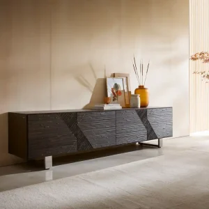 Beperkt Aanbod TV-meubel Tereos 220 cm donkerbruin essenhout 3D-effect 4 deuren glijvoeten van geborsteld RVS