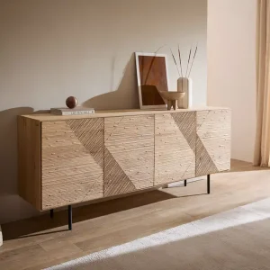 Betrouwbaar Dressoir Tereos 200 cm eiken natuur 3D-effect 4 deuren ronde voet metaal zwart