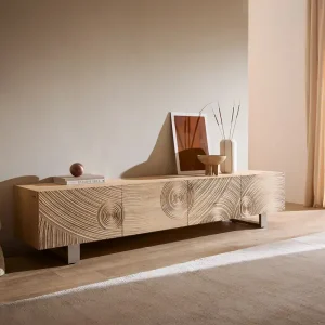 Actieprijs TV-meubel Ashara 220 cm eiken natuur 3D-effect 4 deuren sledepoten geborsteld RVS