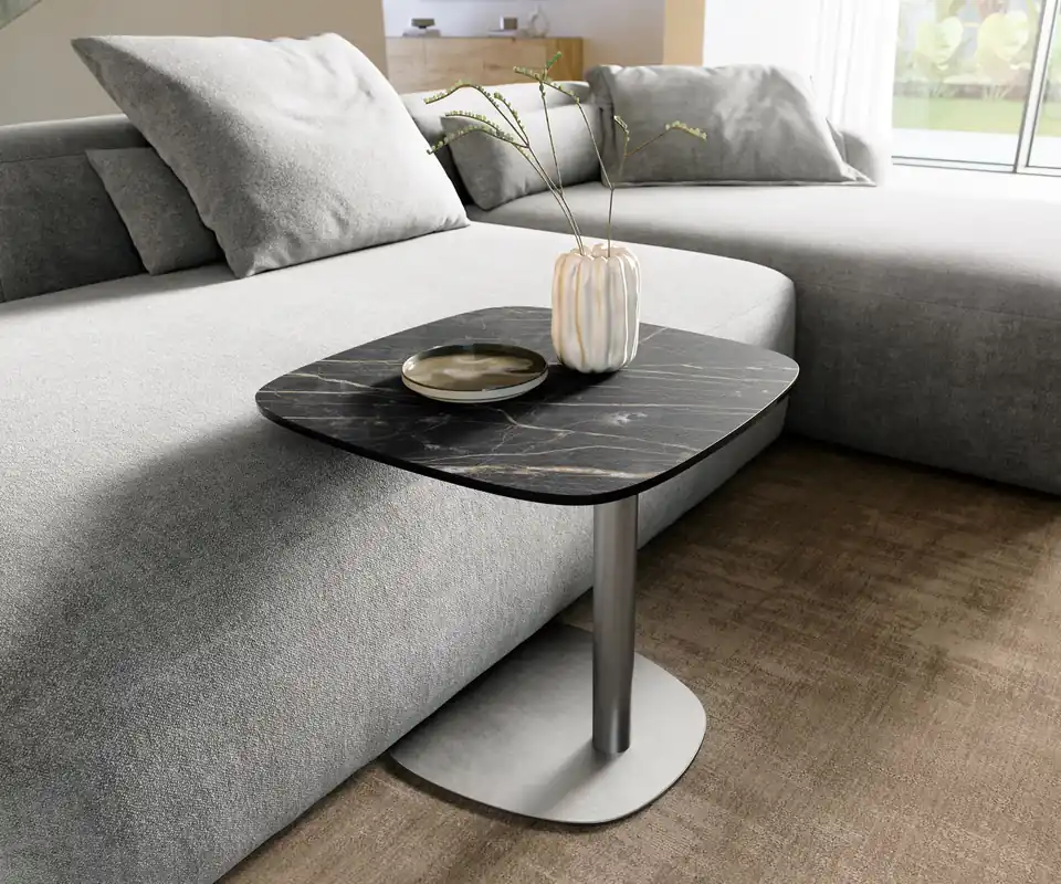 Alleen Vandaag Bijzettafel Edge Boot 50x50 cm keramiek Laminam® Noir Desir bruin Eleny geborsteld roestvrij staal Direct verzendklaar
