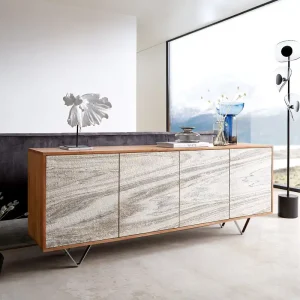 Aanbieding Dressoir Kleo 175 cm natuur acacia 4 deuren V-poot roestvrij staal Direct verzendklaar