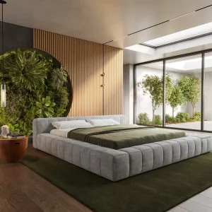 Bestel Nu Gestoffeerd bedframe Espazio 180x200 cm structuurstof soft grijs Direct verzendklaar