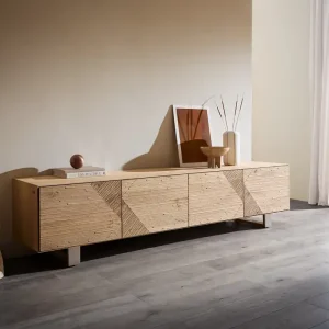 Direct Beschikbaar TV-meubel Tereos 220 cm eiken natuur 3D-effect 4 deuren glijvoeten geborsteld RVS Direct verzendklaar