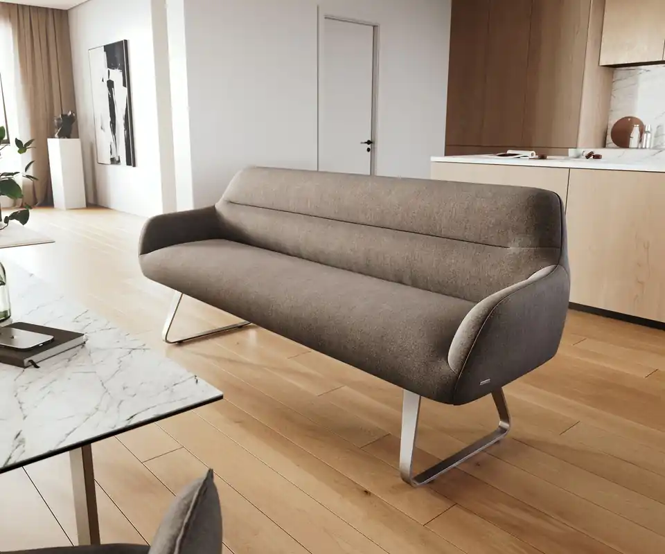 Actieprijs Eetkamerbank Taya-Flex 200 cm zachte stof met structuur taupe platte sledebasis roestvrij staal pocketvering Direct verzendklaar