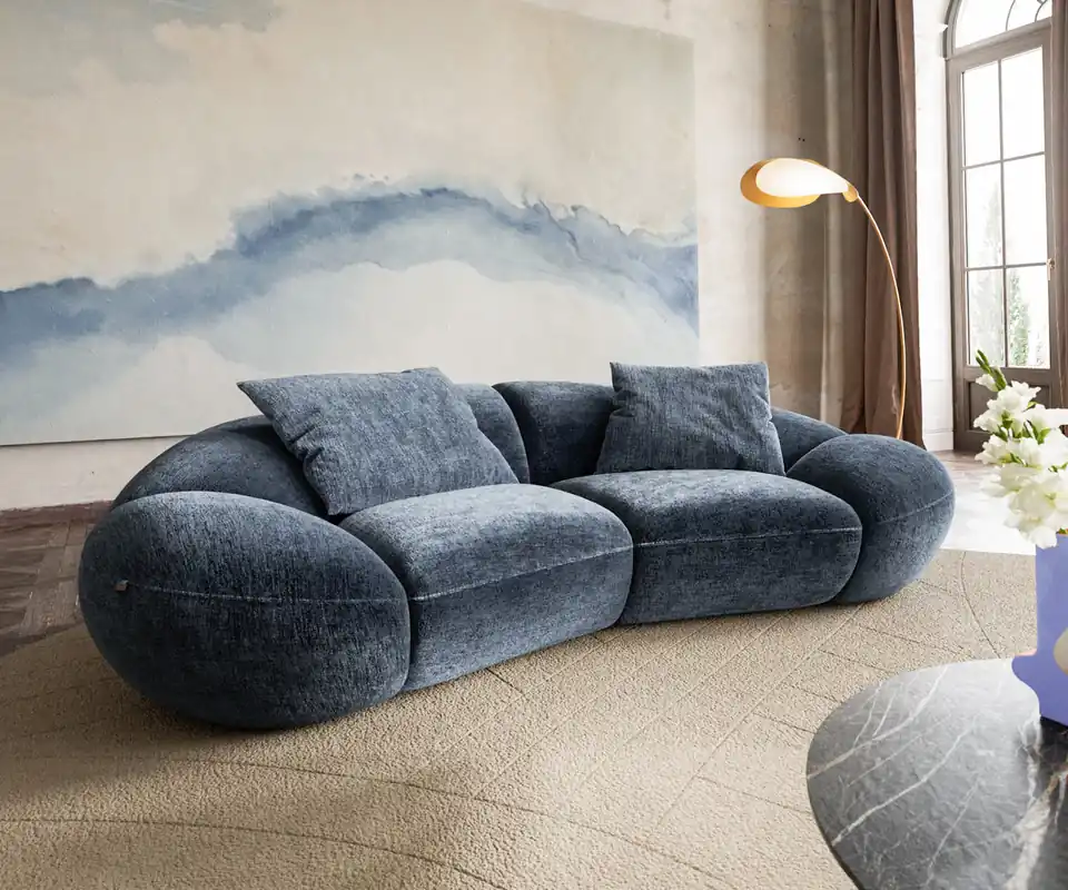 Hete Deal 2-zitsbank Lunna 280x170 cm Chenille Blauw 2 kussens Direct verzendklaar