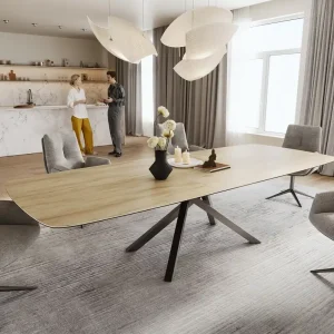 Actieprijs Eettafel Edge Boot 240-300x120 cm Keramiek Laminam® Sabbia Eichefarbig kruisonderstel Rechthoek Roestvrij staal Grafiet uitschuifbaar Direct verzendklaar
