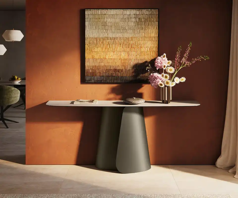 Tijdelijk Beschikbaar Consoletafel Edge Bootvorm 180x40 cm Keramiek Laminam® Travertino Bianco Creme-Weiß Livos Metaal Effektfinish Titan Direct verzendklaar