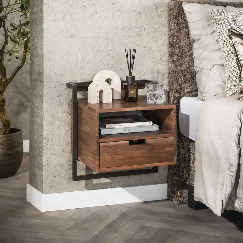 Populair Nachtkastje Air Solid open vak 1 lade / Massief acacia bruin