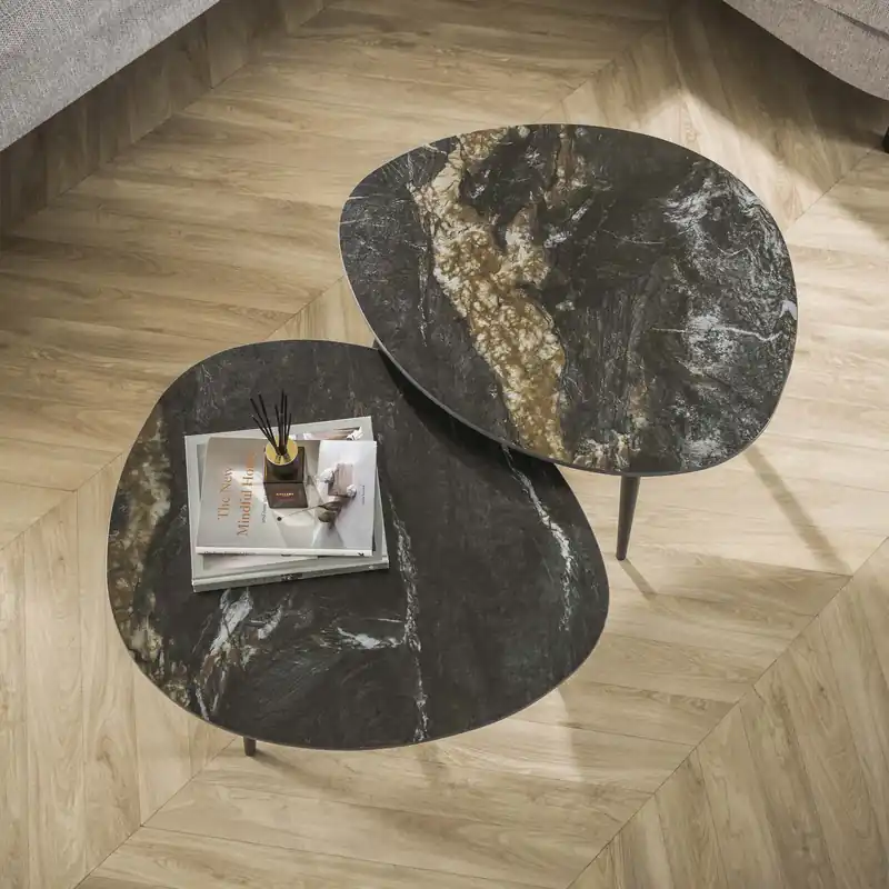 Actieprijs Salontafel Fossil organisch set van 2 / Keramiek fossil black