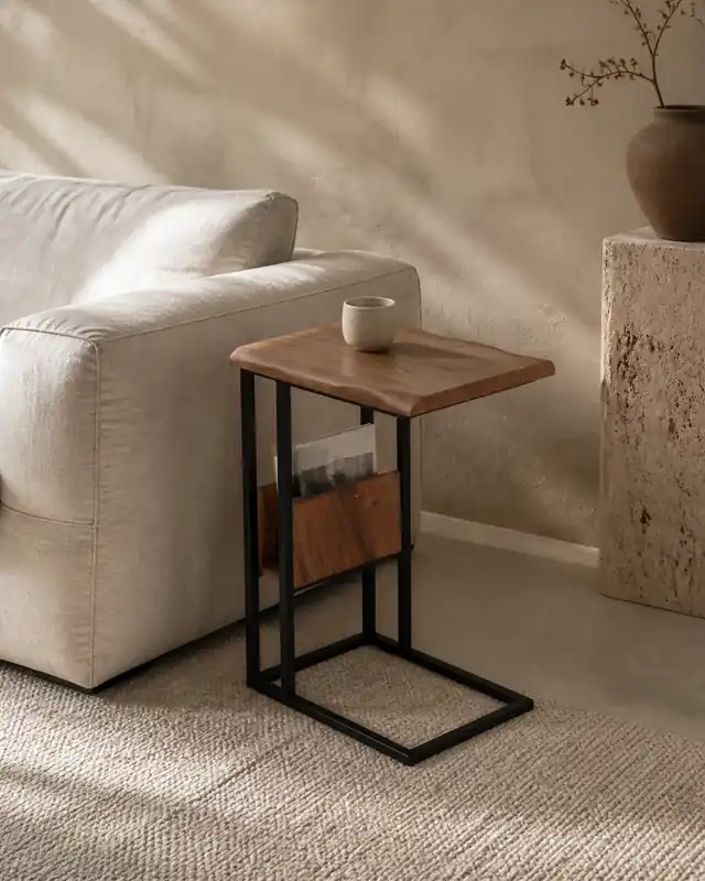 Gecertificeerd Bijzettafel Live Edge acaciahout met lectuurvak 50 cm