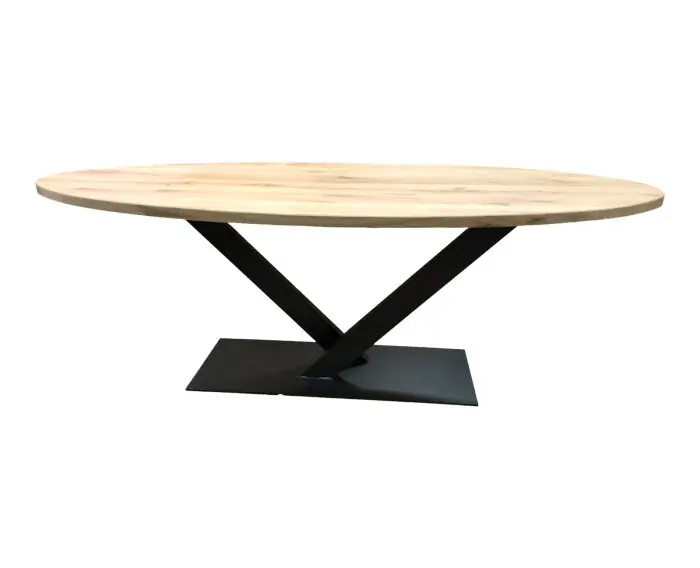 Ovale eiken eettafel met grote metalen V-poot 180x100 Lage Kosten