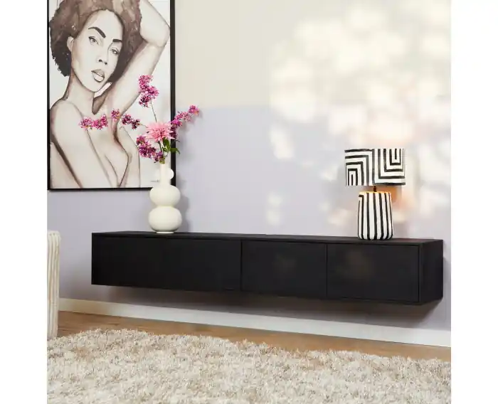 Zwevend tv meubel Vision Zwart Mangohout 200 cm Meest Verkocht